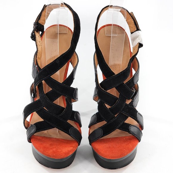 L.A.M.B. Suede Leather Platform Sandals Black Orange NEW - Picture 2 of 10